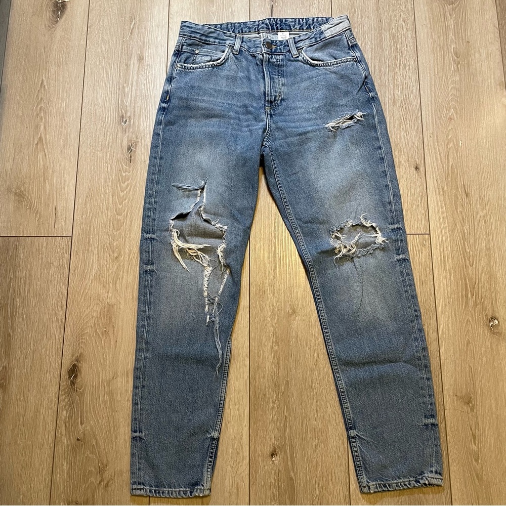 H&M Low Waist Distressed Boyfriend Denim Blue Jeans‎ 6 Y2K Aesthetic Streetwear